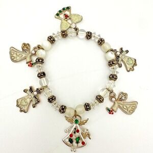 Angel Charm Bracelet Christmas Holiday‎ Beaded Gold Tone Costume Jewelry